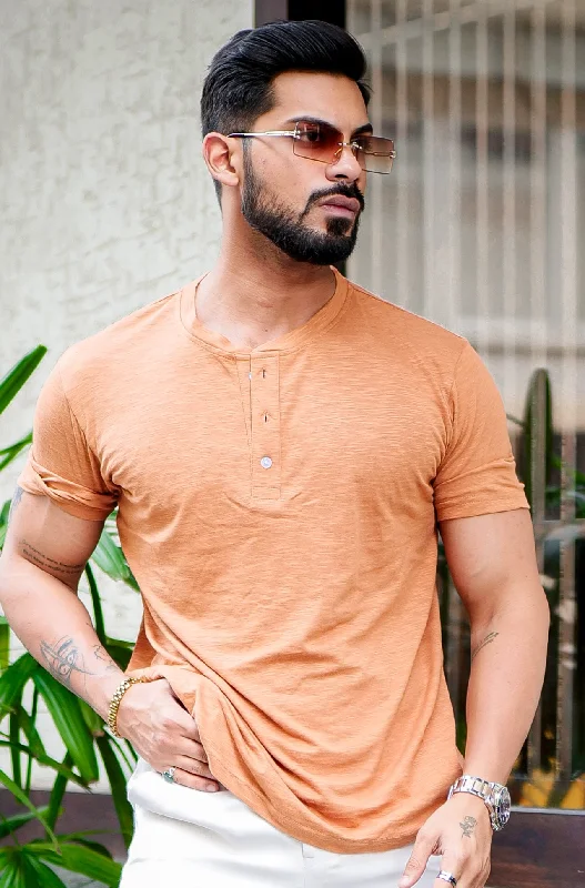 men's spring t-shirts-Orange Self Design Henley Slub T-Shirt