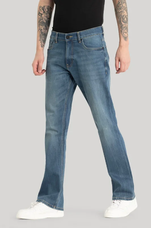 men's winter trousers-Steal Blue Plain Bootcut Jeans