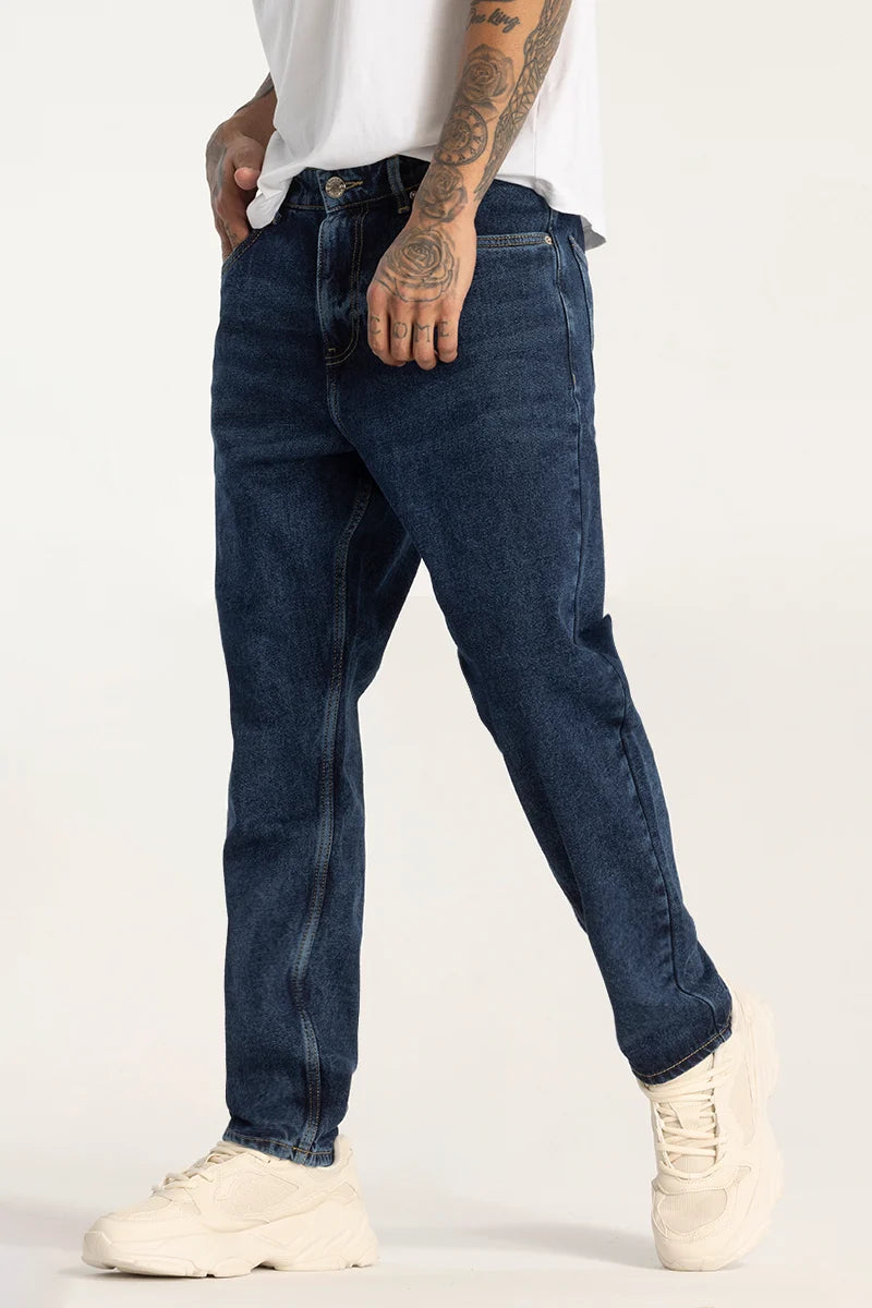 men's flannel pants-Dark Blue Plain Baggy Fit Jeans