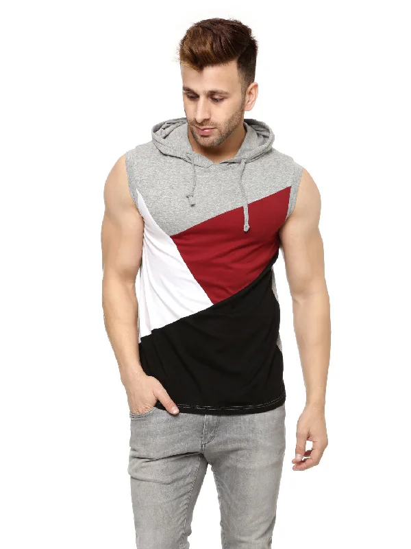 men's stylish fit hoodies-Grey Melange/Black  Hooded Solid Vest