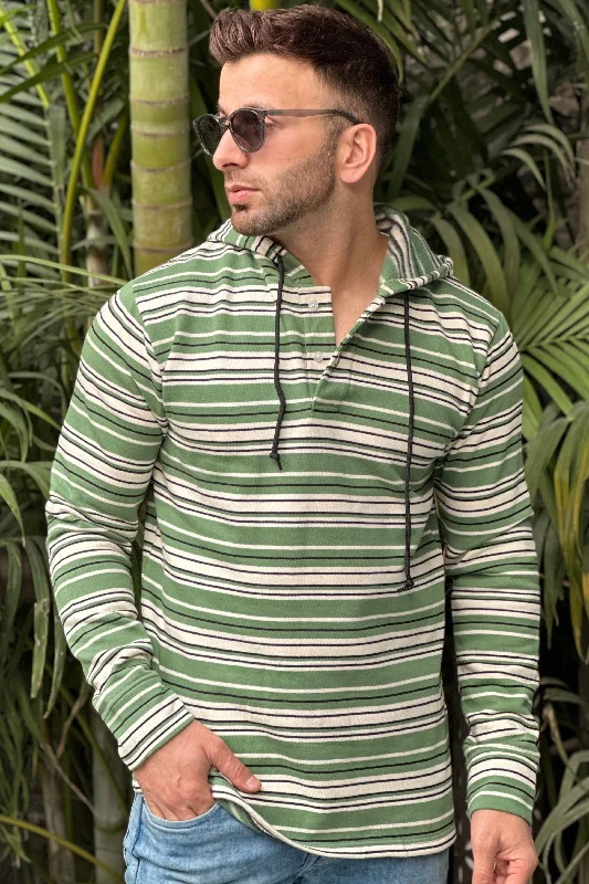 men's relaxed fit hoodies-Green Striped Hooded T-Shirt