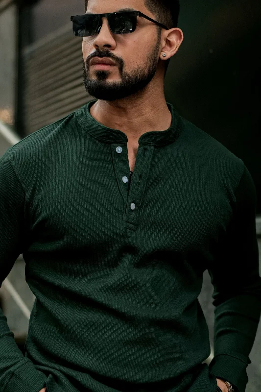 men's all-season t-shirts-Dark Green Waffle Knit T-Shirt