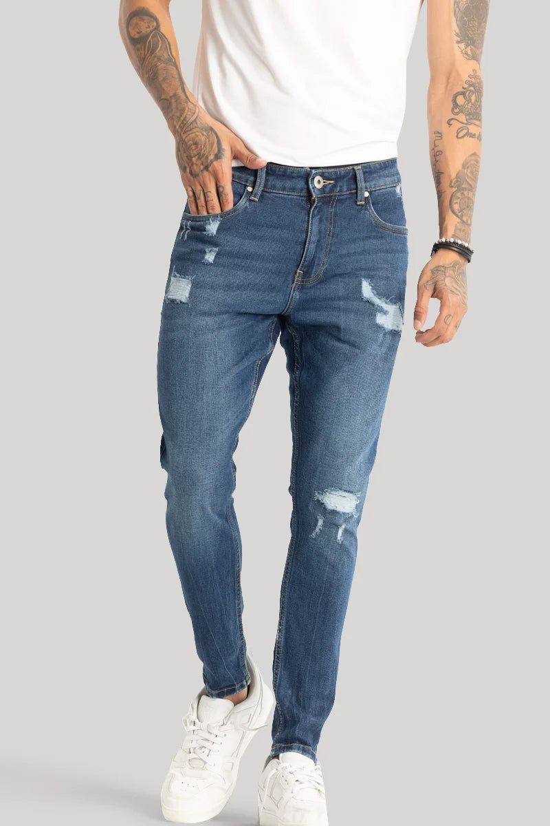 men's spring trousers-Blue Distressed Skinny Fit Jeans