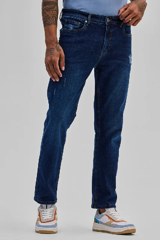 men's pleated trousers-Dark Blue Distressed Regular Fit Jeans