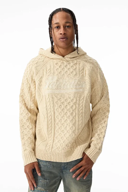 men's gym sweatshirts-Cable Knit Hooded Sweater (Cream)