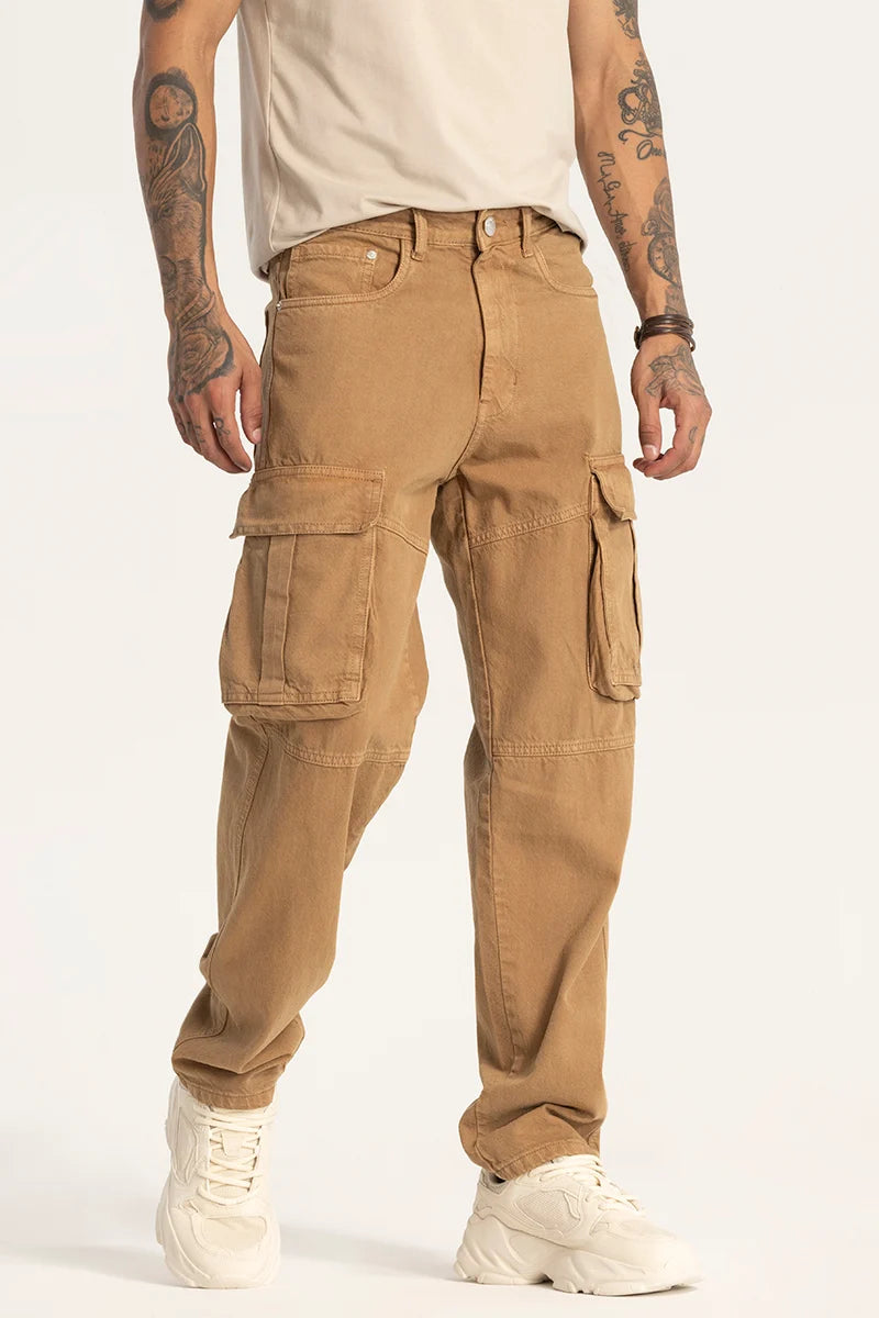 men's travel pants-Khaki Relaxed Fit Cargo Jeans