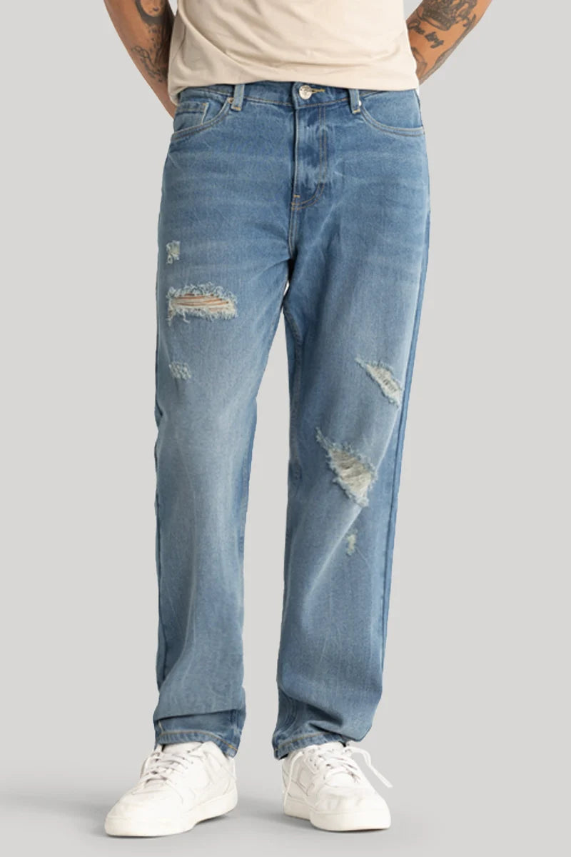 men's comfortable trousers-Blue Distressed Relaxed Fit Jeans