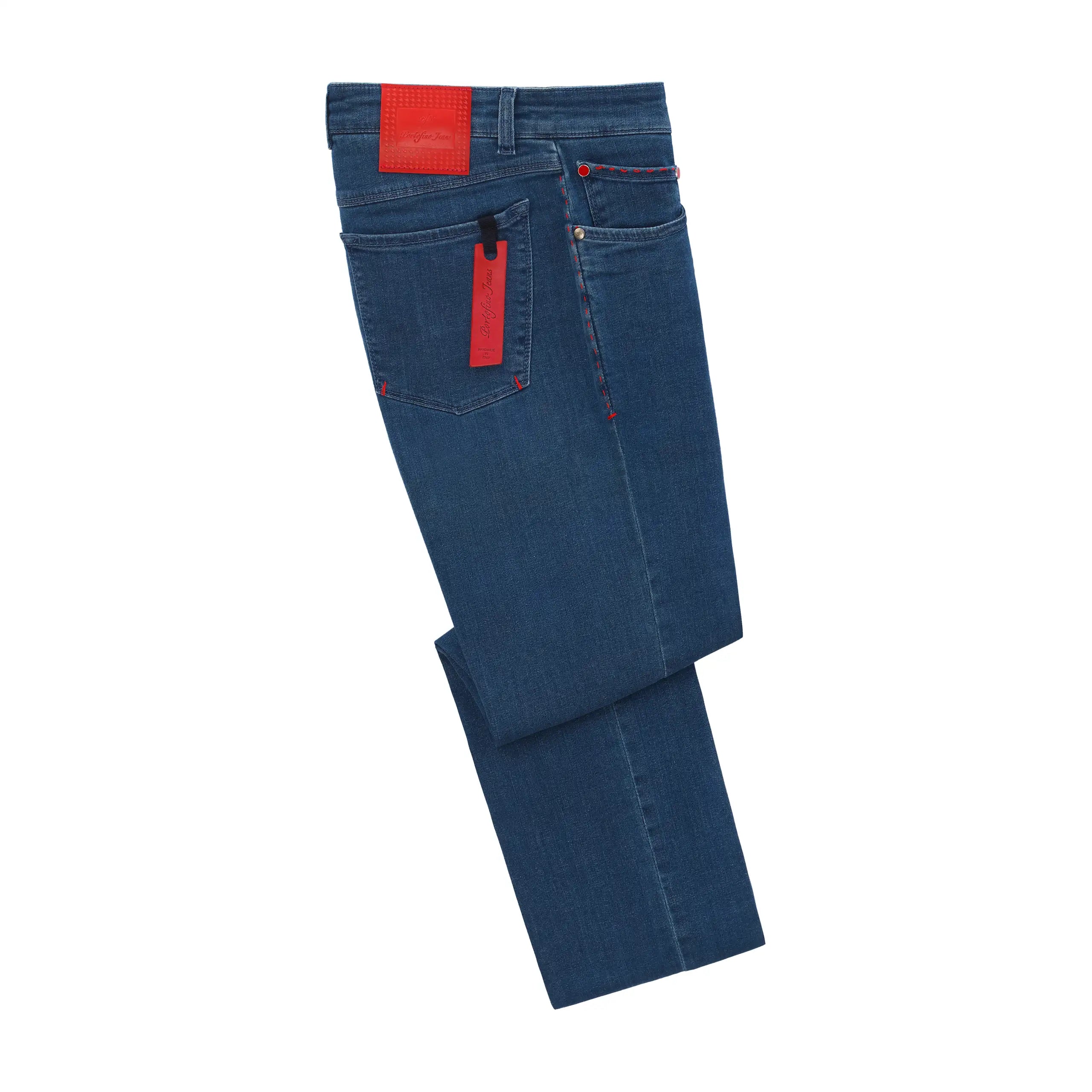 men's urban trousers-Slim-Fit Cotton Five-Pocket Jeans in Blue