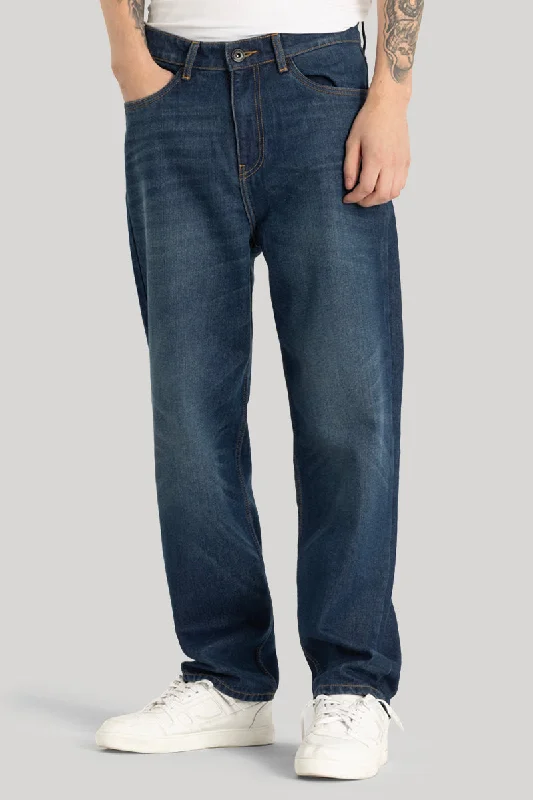 men's travel pants-Dark Blue Plain Loose Fit Jeans