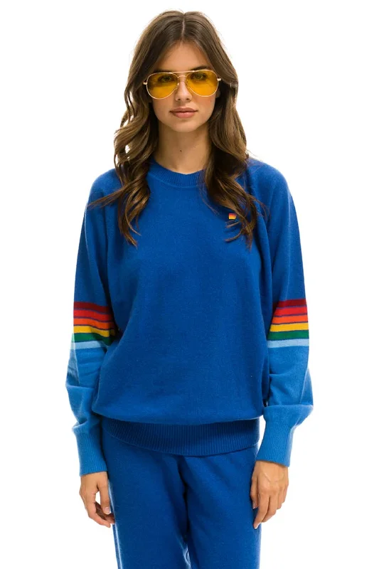 men's smooth sweatshirts-RAINBOW STRIPE SLEEVE UNISEX CASHMERE LIGHT SWEATER - VINTAGE BLUE