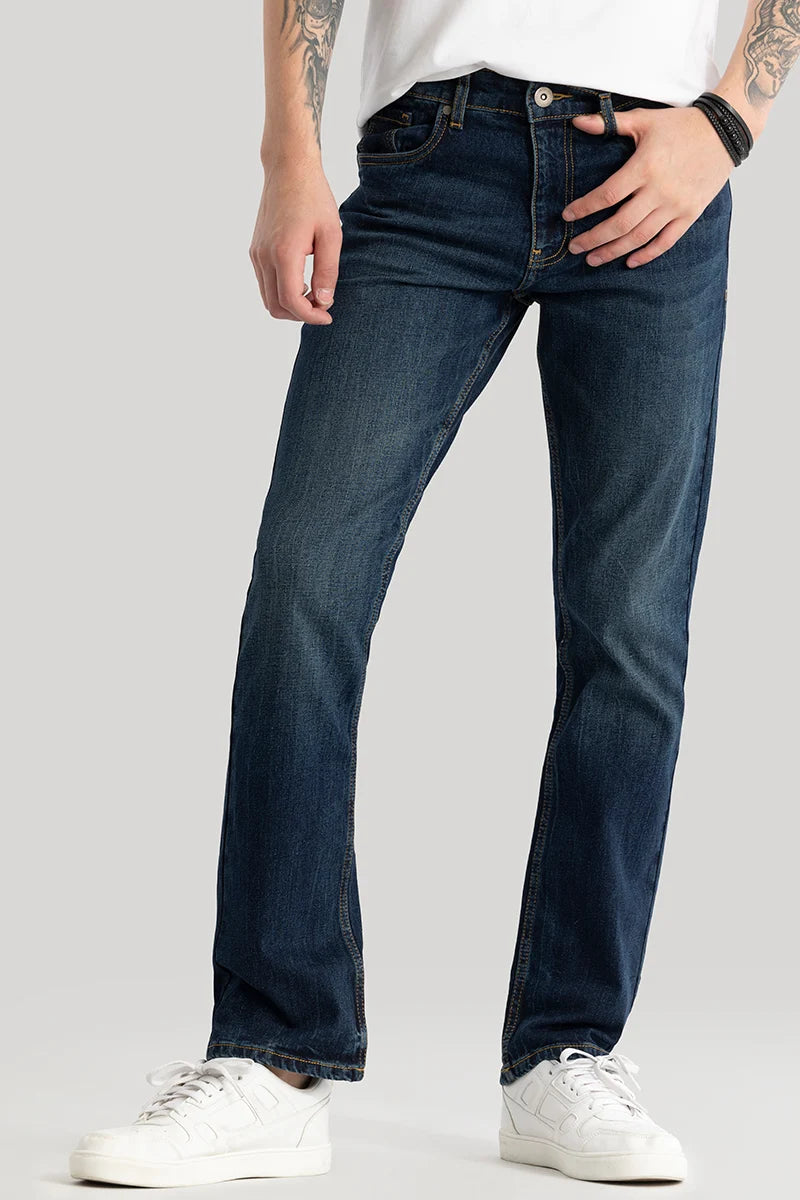 men's tapered jeans-Olivier Dark Blue Plain Straight Fit Jeans