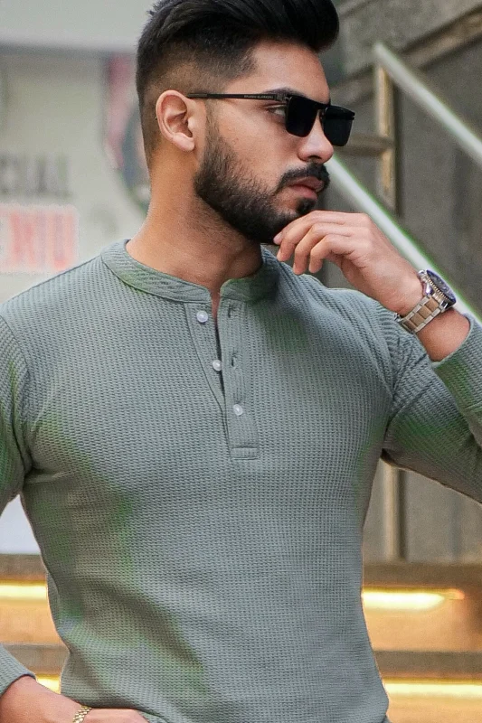 men's trendy fashion t-shirts-Greenish Grey Self Waffle Knit Henley T-Shirt