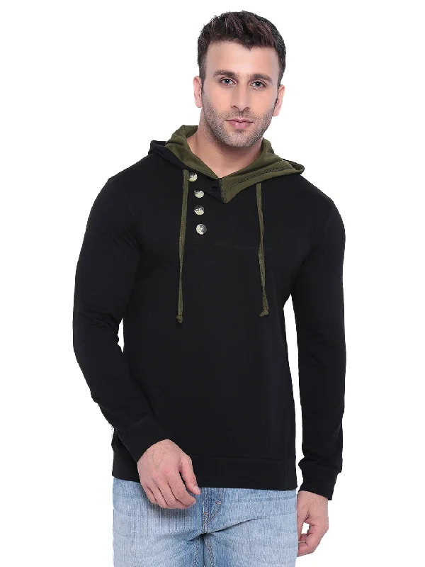 men's practical hoodies-Black Olive Green Full Sleeve Hooded T-Shirt