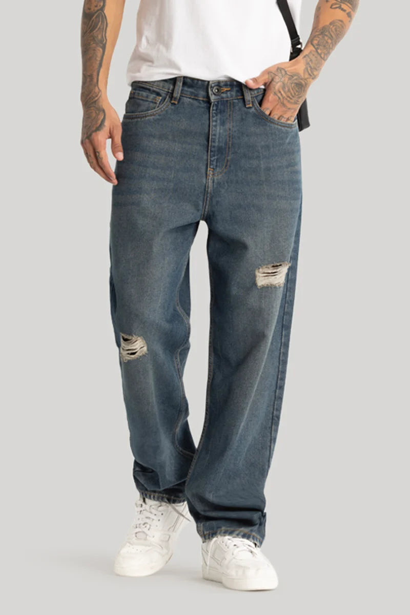 men's linen trousers-Dark Blue Distressed Loose Fit Jeans