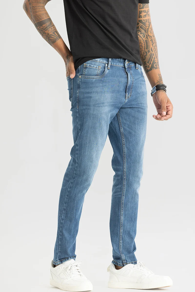 men's budget pants-Slick Blue Plain Slim Fit Jeans