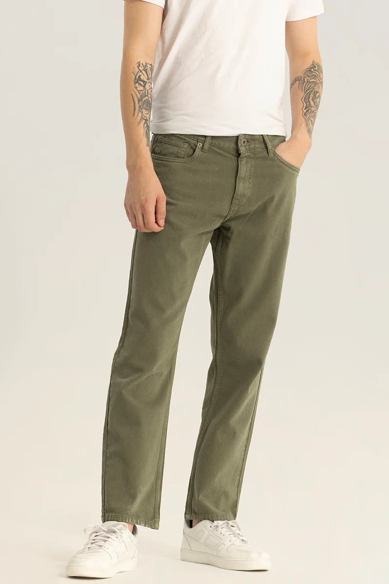 men's striped trousers-Etienne Olive Plain Relaxed Fit Jeans