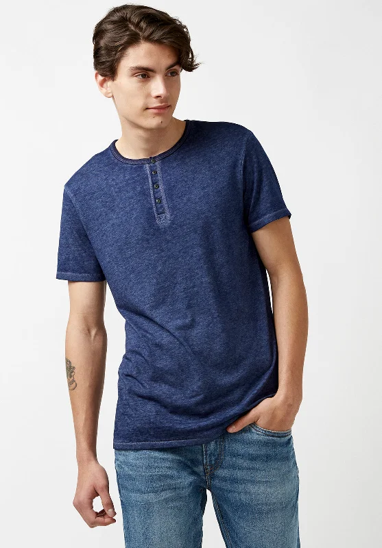 men's neutral t-shirts-Kasum Buttoned Henley Men's T-Shirt in Dark Blue - BM21411