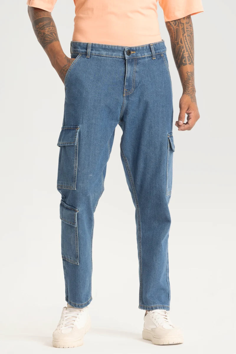 men's flat front pants-Blue Baggy Fit Cargo Jeans