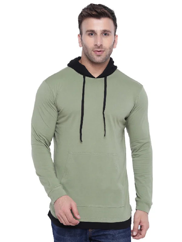 men's thermal hoodies-Moss Green Black Full Sleeve Hooded T-Shirt