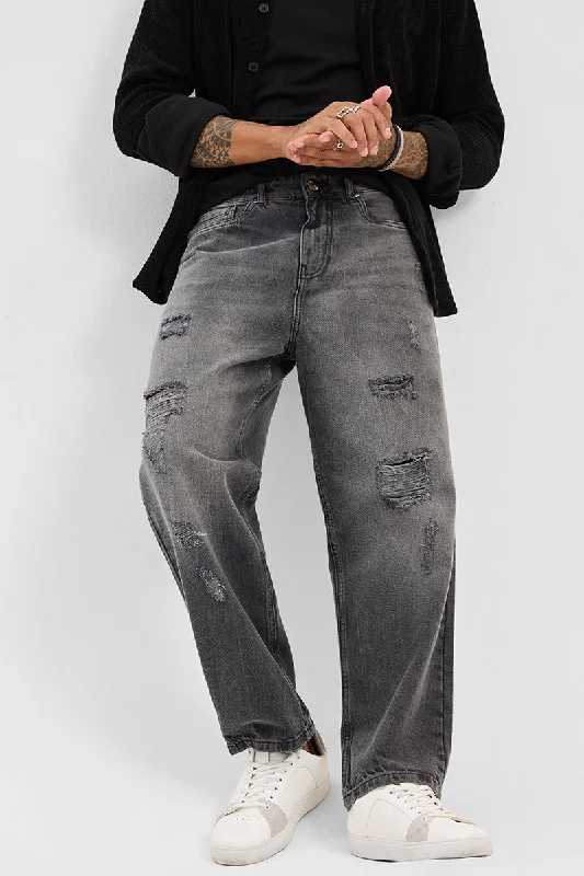 men's training trousers-Grey Distressed Loose Fit Jeans