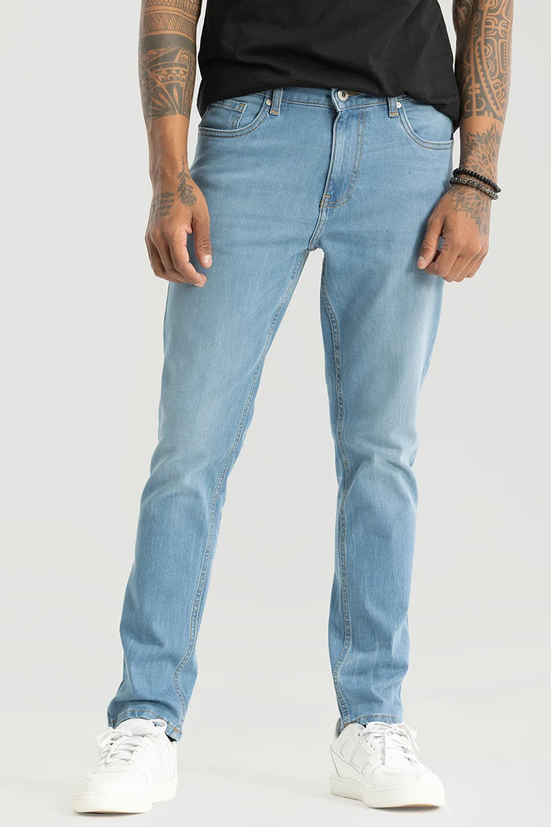 men's stretch jeans-Slick Sky Blue Plain Slim Fit Jeans