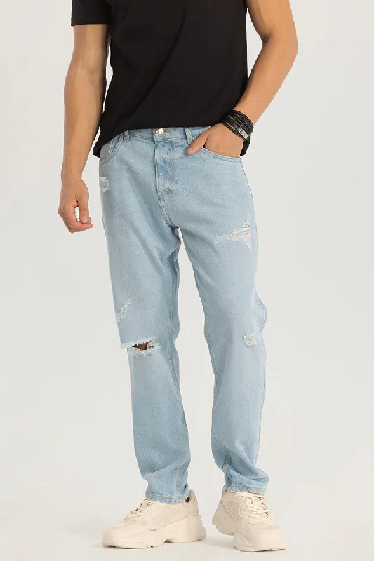 men's sleep pants-Light Blue Distressed Baggy Fit Jeans