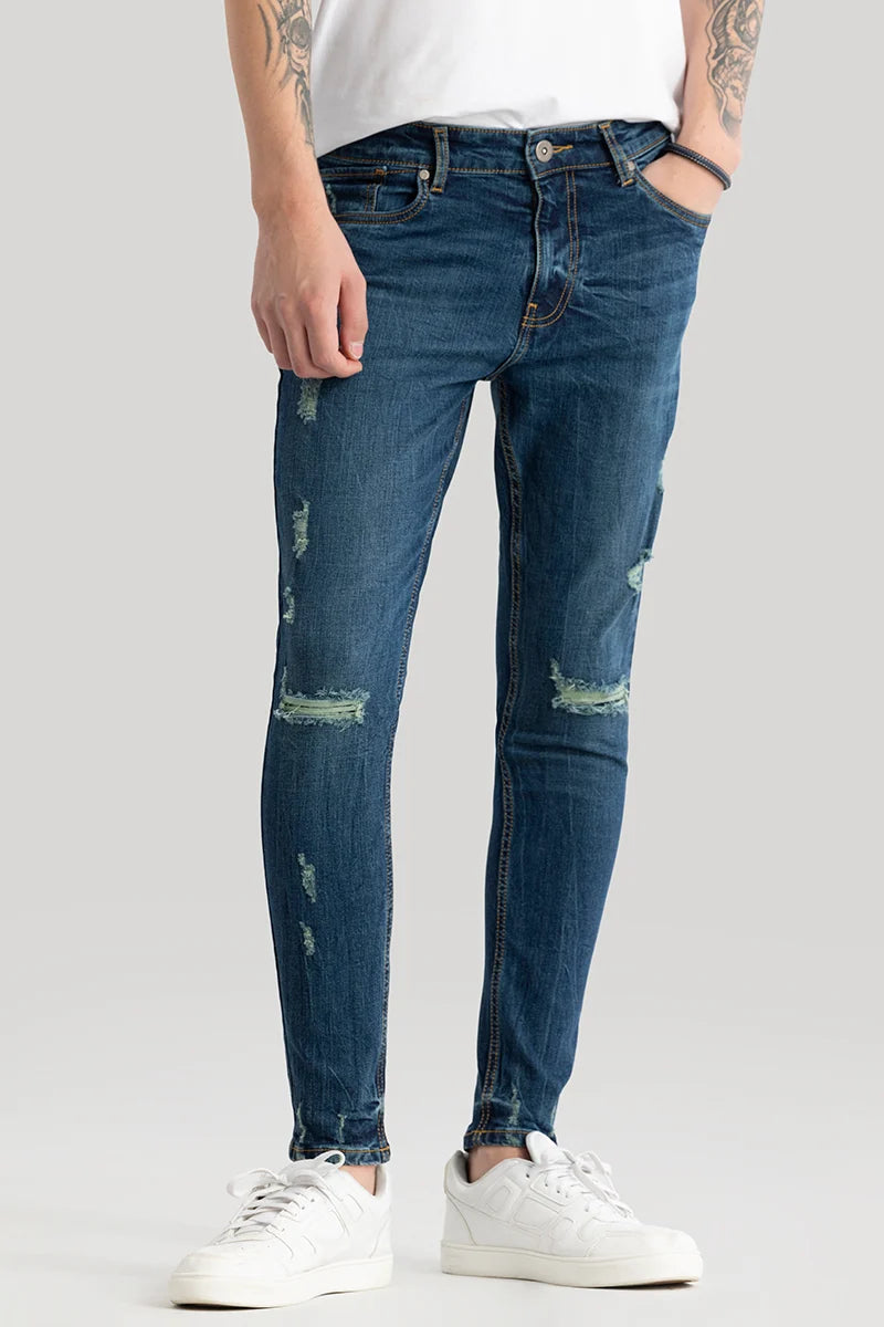 men's high rise pants-Ilaria Prussian Blue Distressed Skinny Fit Jeans