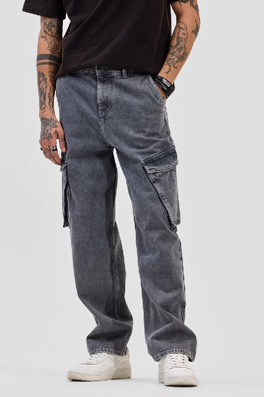 men's regular fit trousers-Grey Loose Fit Jeans