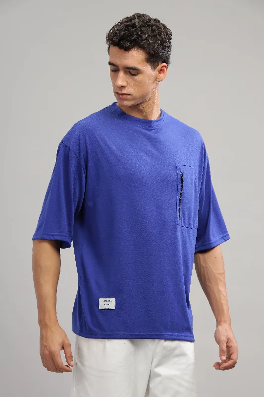 men's embroidered t-shirts-Blue Oversized Cotton Pocket T-Shirt