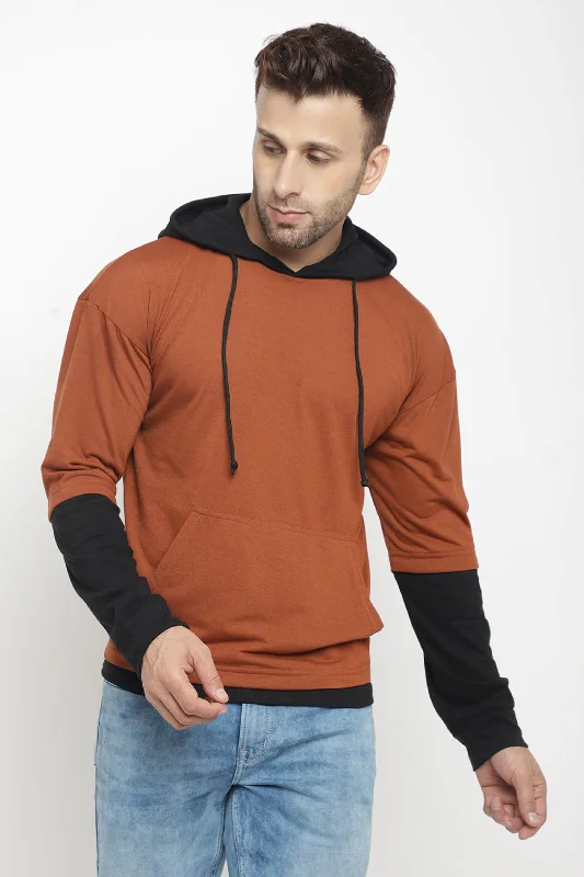 men's travel gear hoodies-Hooded Full Sleeve Brown Color Kangaroo Pocket  T-Shirt