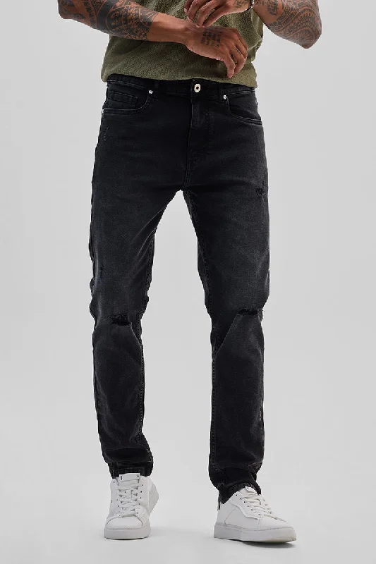 men's party trousers-Black Distressed Slim Fit Jeans