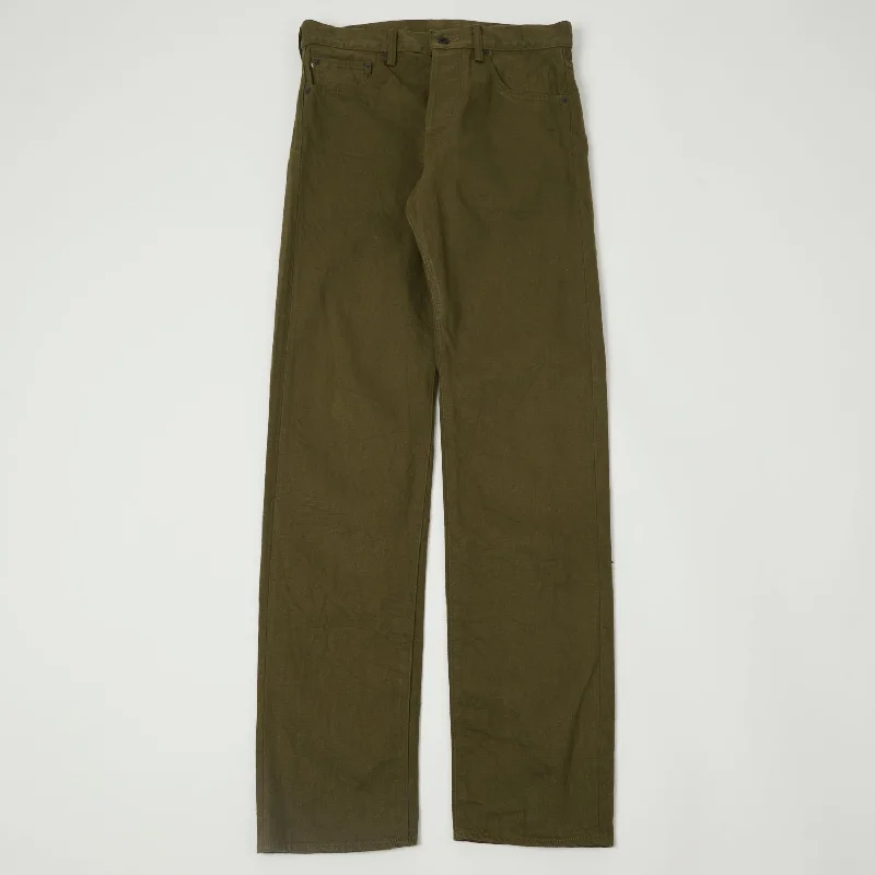 men's party trousers-ONI 246-OLOL 'Warp and Weft' 12oz Relaxed Tapered Jean - Olive One Wash