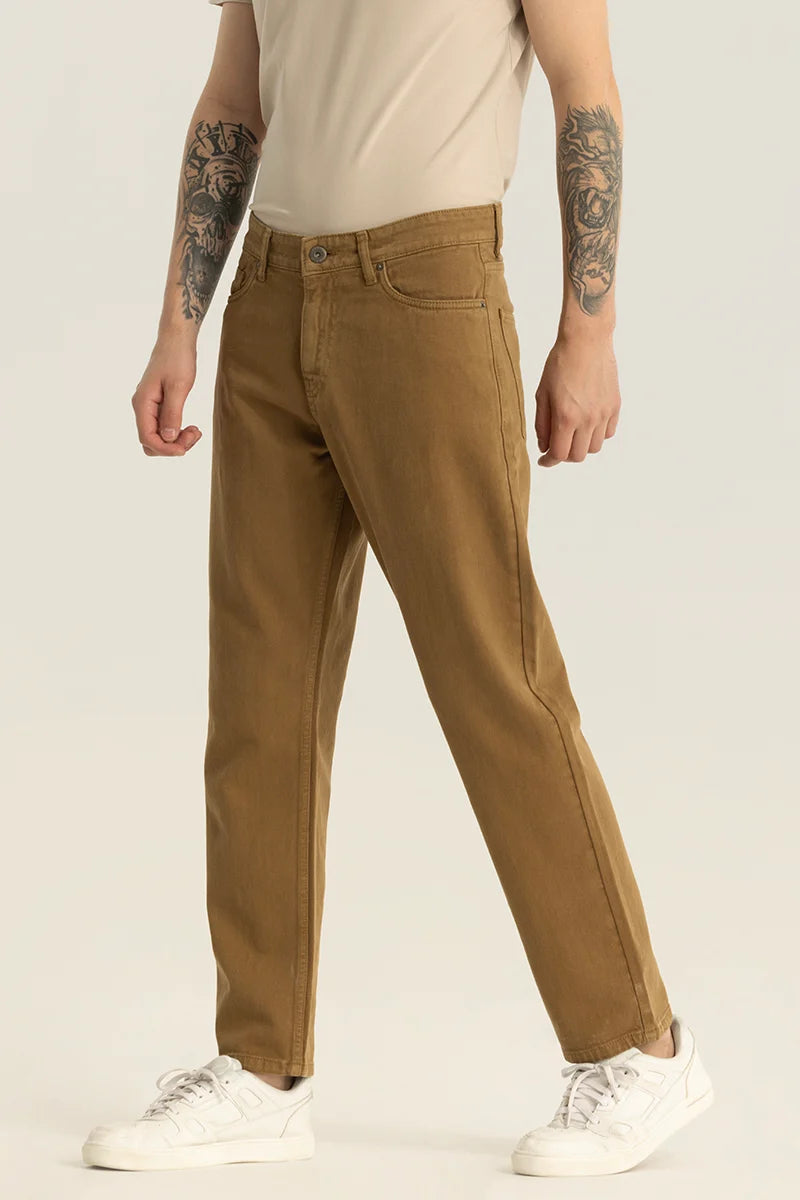 men's checked pants-Etienne Brown Plain Relaxed Fit Jeans