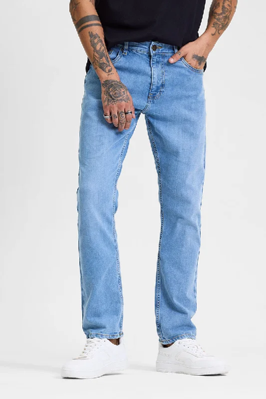 men's solid color pants-Light Blue Regular Fit Jeans