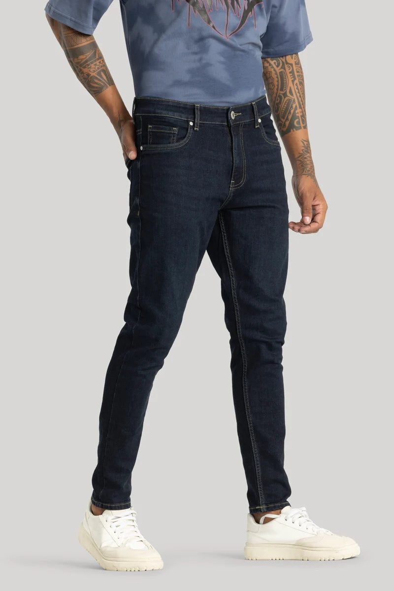 men's checked pants-Vito Navy Skinny Fit Jeans