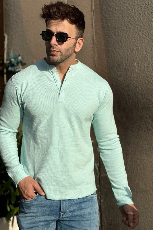 men's holiday t-shirts-Light Blue Self Waffle Knit Henley T-Shirt