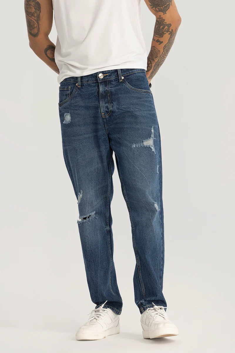 men's elastic waist pants-Dark Blue Distressed Baggy Fit Jeans