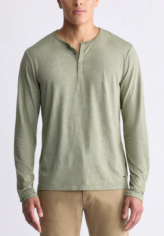 men's holiday t-shirts-Kaduk Men's Long-Sleeve Burnout Henley Top, Army Green - BM24237