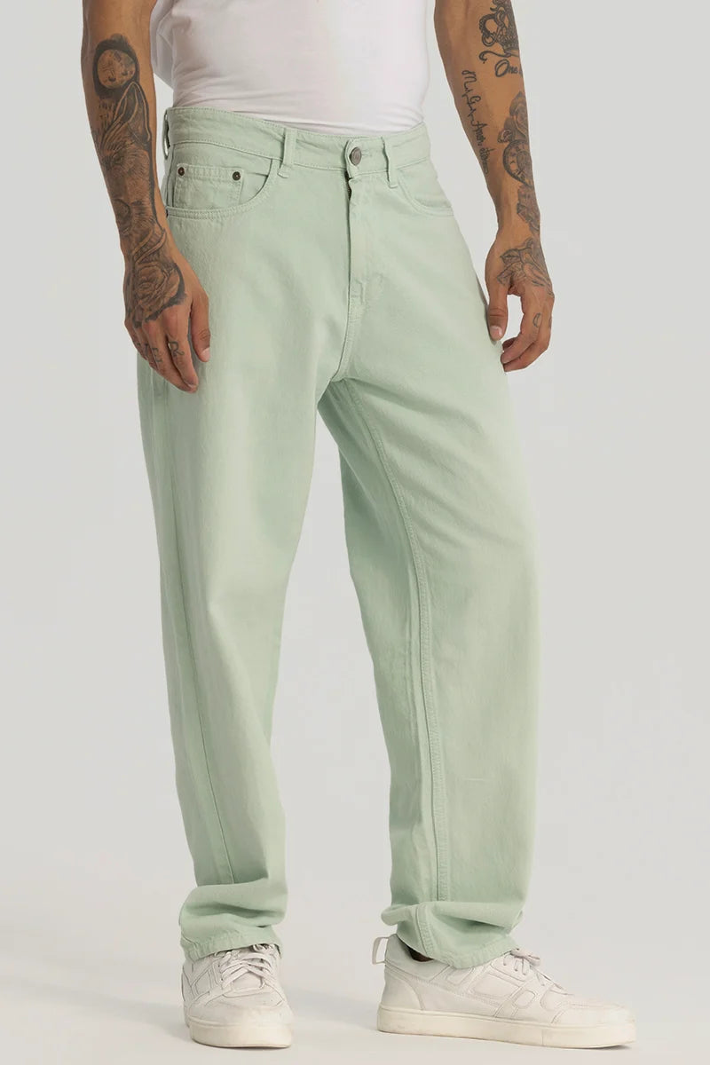 men's denim jeans-Green Plain Baggy Fit Jeans