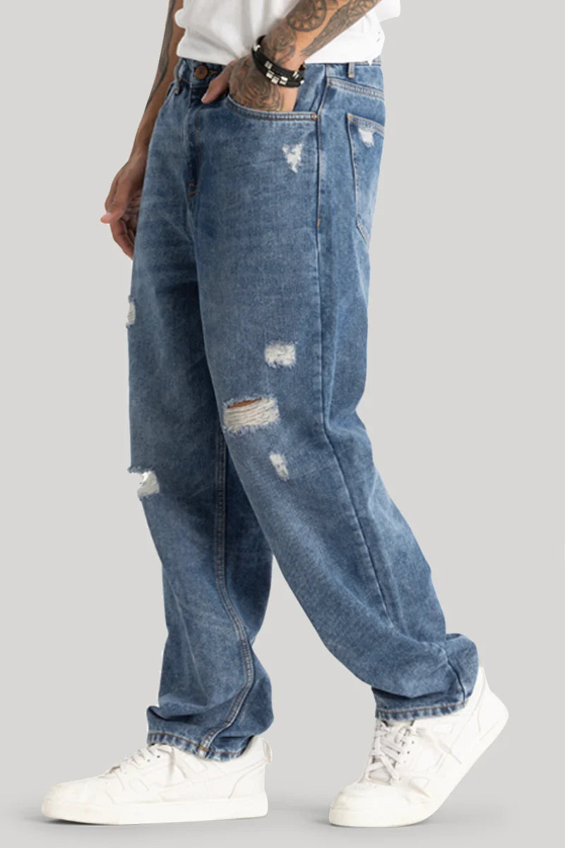 men's cargo pants-Blue Distressed Loose Fit Jeans