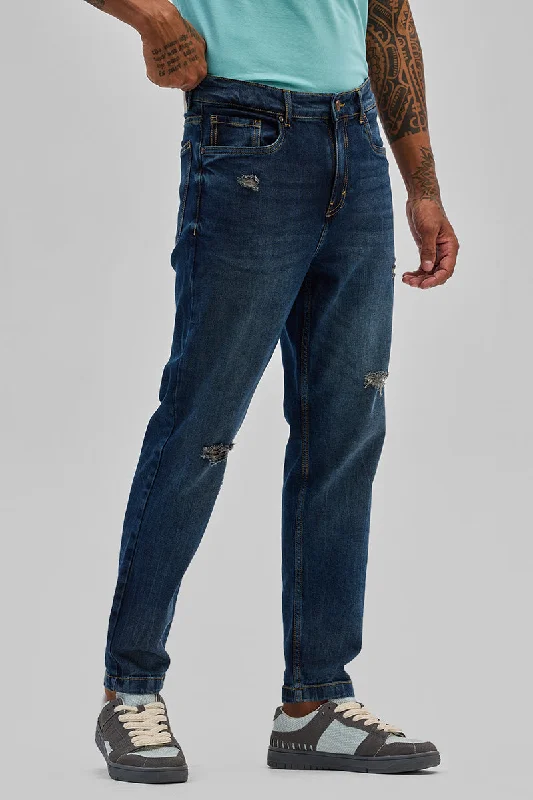 men's wide leg trousers-Dark Blue Distressed Slim Fit Jeans