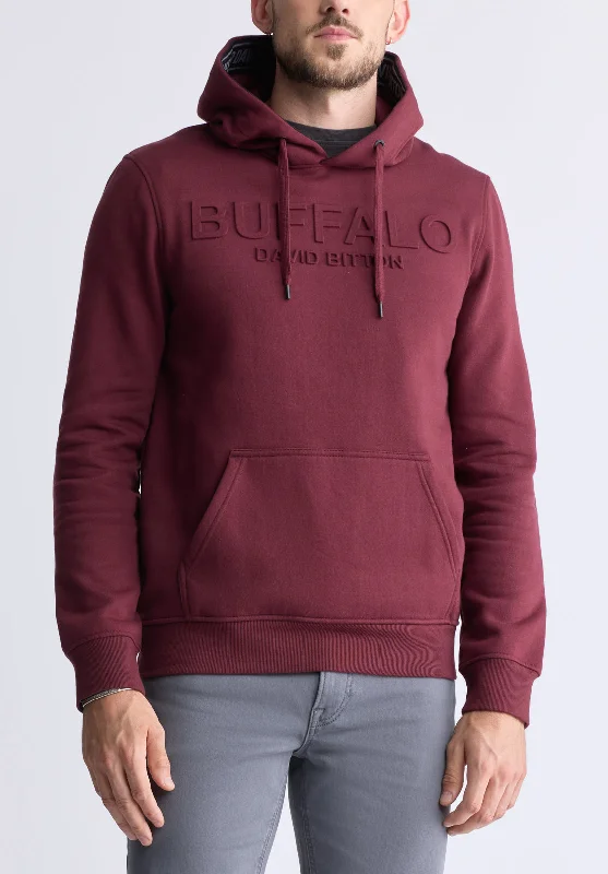 men's thermal sweatshirts-Fadol Men's Embossed Logo Hooded Sweatshirt, Dark red - BPM13610V