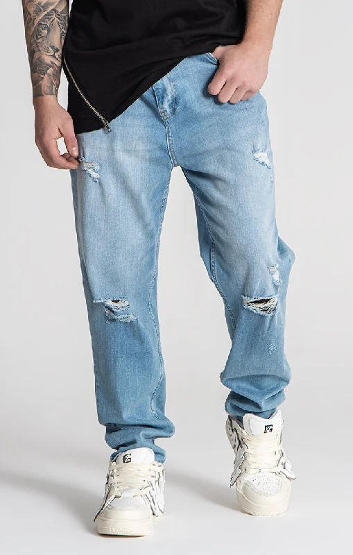 men's tapered pants-Light Blue GK Ripped Carrot Jeans