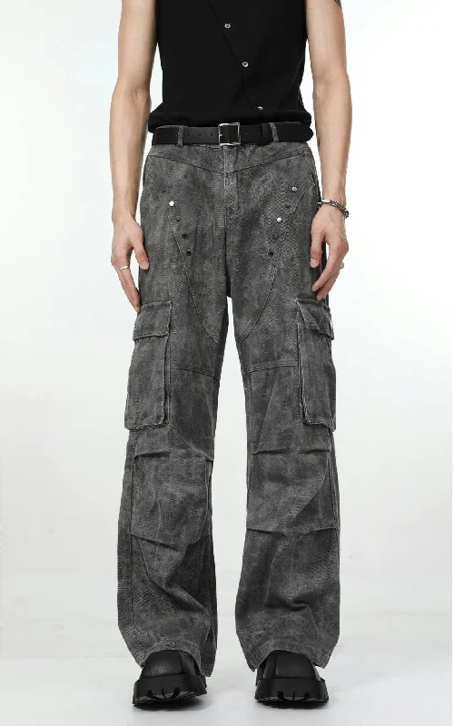 men's work pants-Faded Camo-Wash Multi-Pocket Cargo Trousers