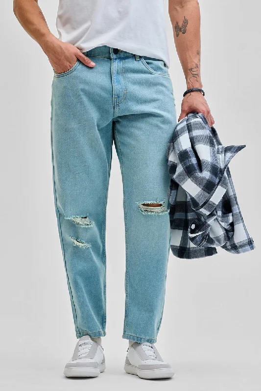 men's comfortable trousers-Light Blue Distressed Baggy Fit Jeans