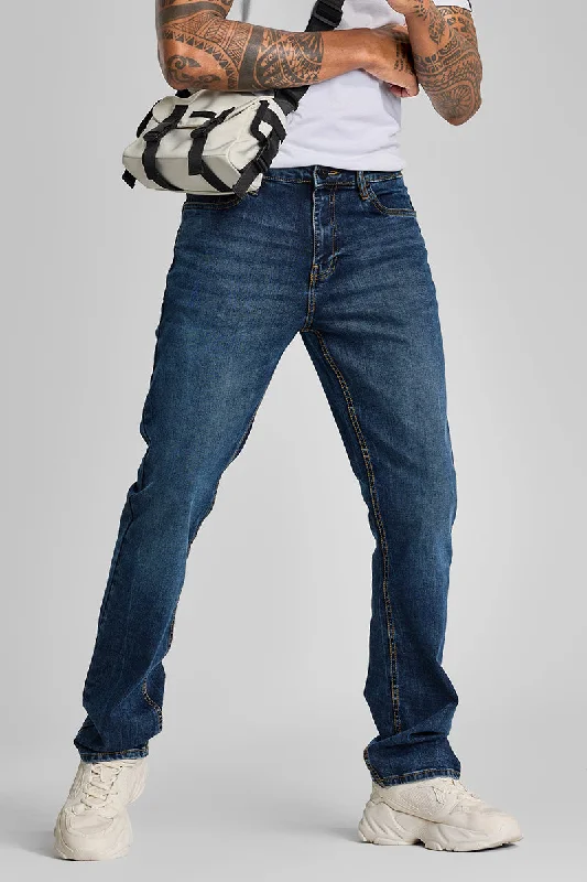 men's straight leg pants-Indigo Straight Fit Jeans