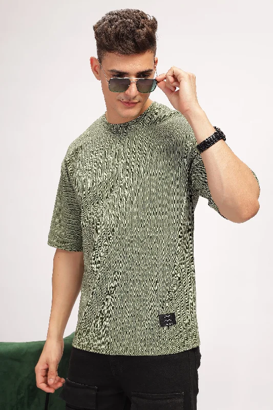 men's office t-shirts-Green Oversized Self Design T-Shirt