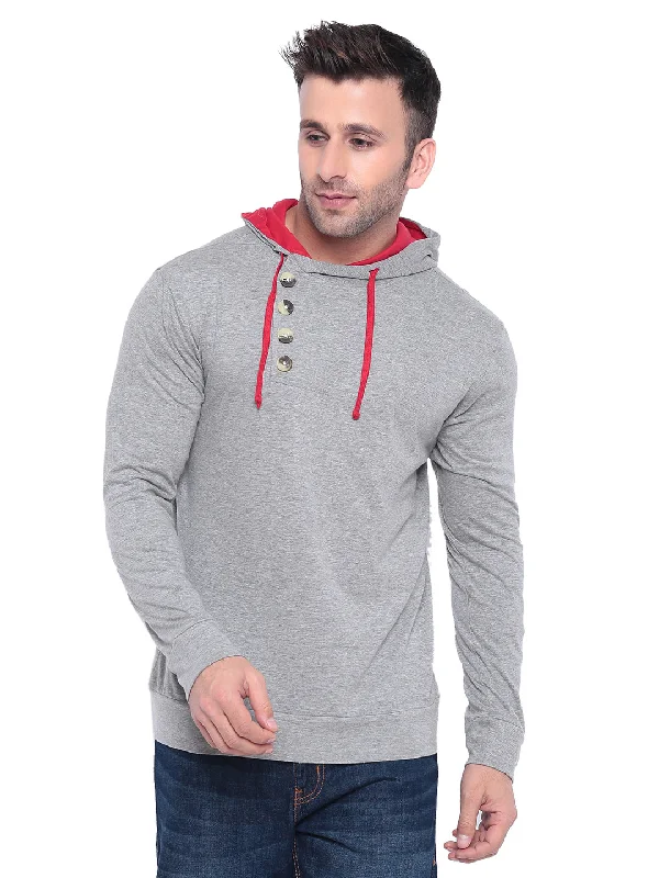 men's smooth hoodies-Grey Melange Red Full Sleeve Hooded T-Shirt