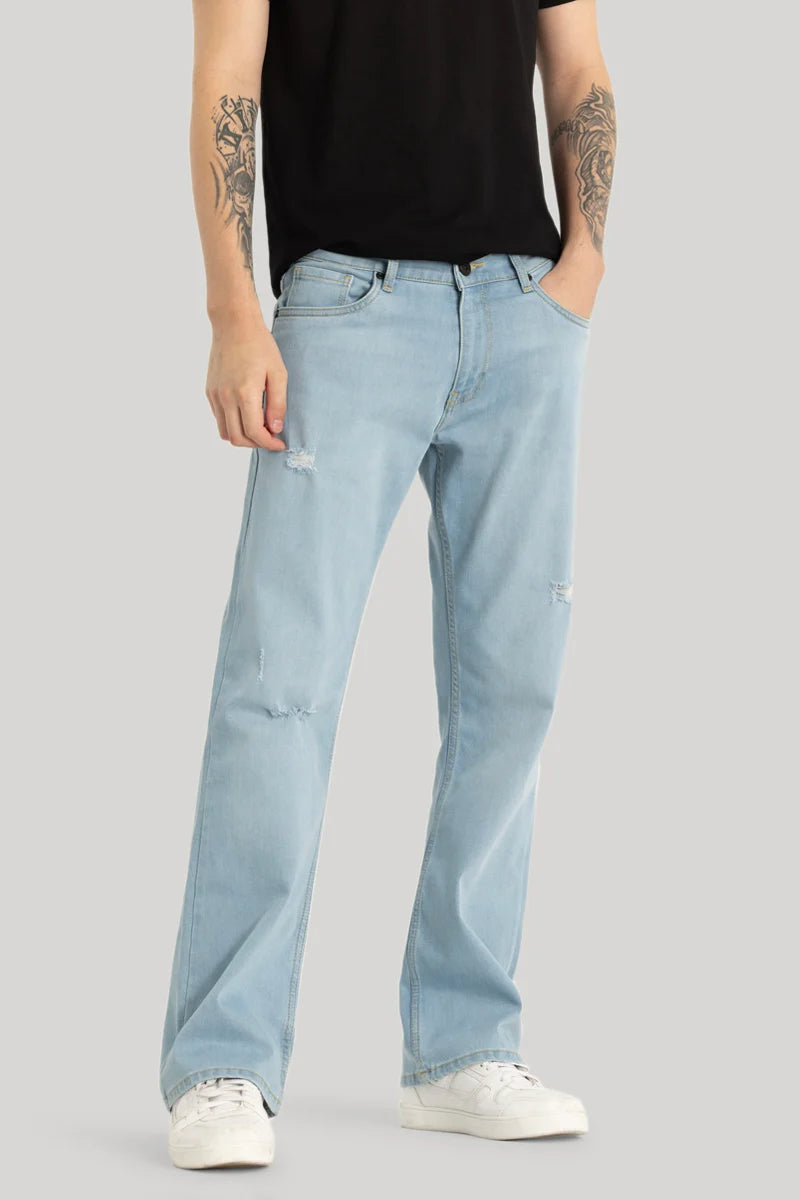 men's fall pants-Light Blue Distressed Bootcut Jeans