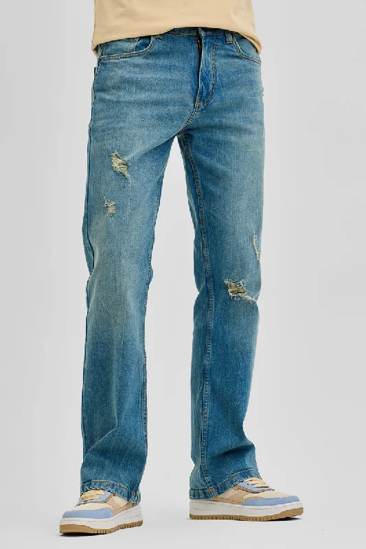 men's hunting pants-Blue Distressed Bootcut Jeans